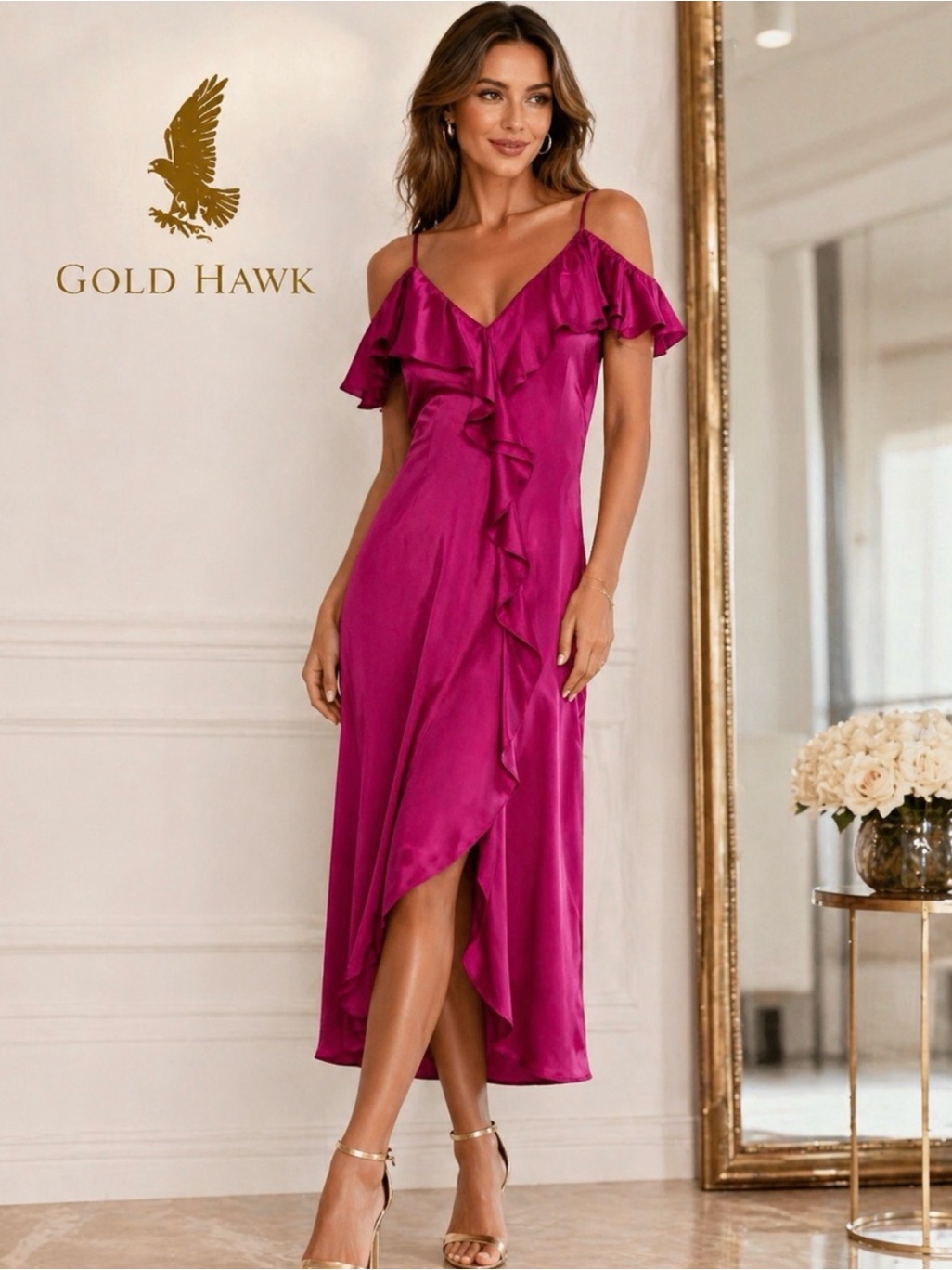 Gold Hawk 100% Silk Deep Teal Romantic Ruffles Midi Dress Nwt Size L